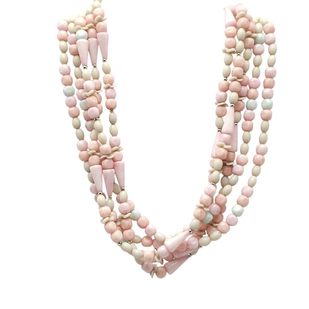 Vintage NOS Multi Strand Pastel Lucite Beaded Necklace 19" Pink White Green